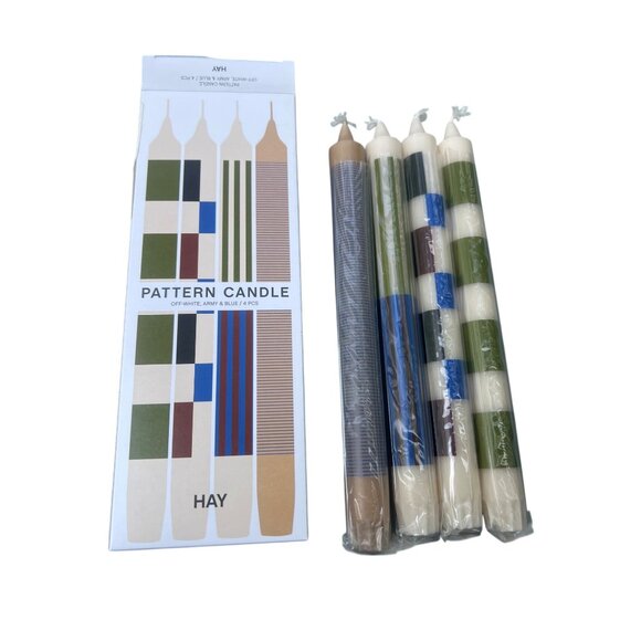 Hay Pattern Candle Set Of 4 Taper Off-White Army Green Blue 9.5" Tall New in Box - Picture 1 of 5